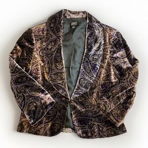 Adrianna Papell Velvet Blazer Size 10 Purple Paisley 3/4 Sleeve Cropped
